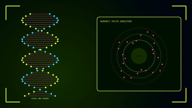 Voice banking display shows rotating digital dna strands and circular nodes on a dark interface panel during a simulated forensic scan of unique sound waves