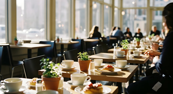 People enjoying coffee and food at a cafe. Friends socializing over breakfast. Community returning to normal life.