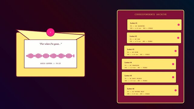 Digital voice banking interface displayed on a graphical screen shows archival audio messages stored within organized files for personal communication access in a virtual storage environment