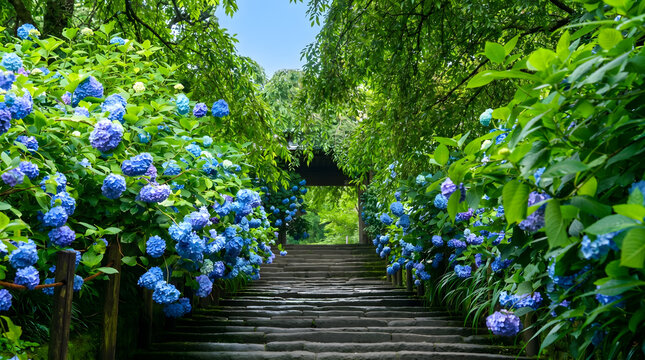 Stone Steps Lined with Blue Hydrangeas at Meigetsuin Temple, Kamakura