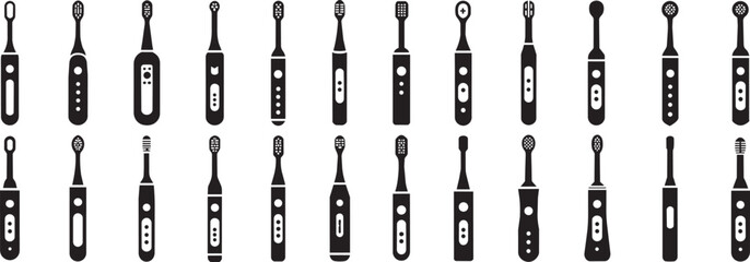 Set of electric toothbrushes icons vector illustration isolated on transparent background showing various brush head styles and handle designs for oral hygiene dental care product concepts. © Somina