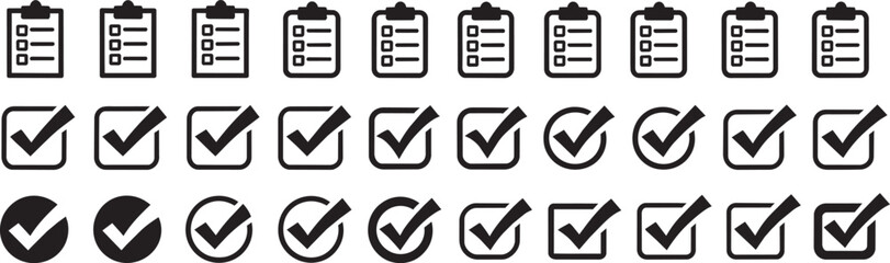 Checklist symbols set containing various clipboard and tick mark vector icons in flat style for web application user interface development and project management document status tracking. © Somina