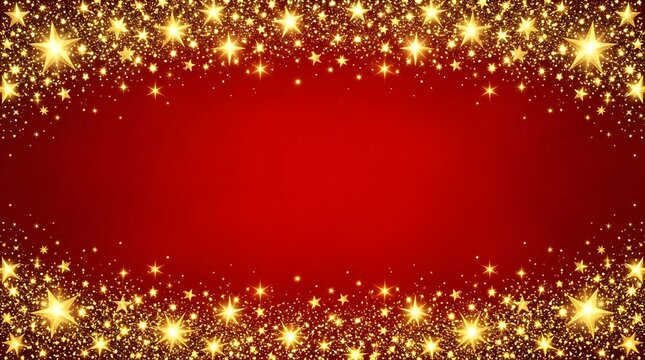 Sparkling christmas background with golden stars festive red holiday border for celebrations