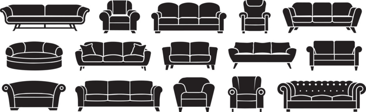 Furniture interior design vector icons set showcasing various modern and classic sofas armchairs and seating options for residential home staging and commercial office space planning.