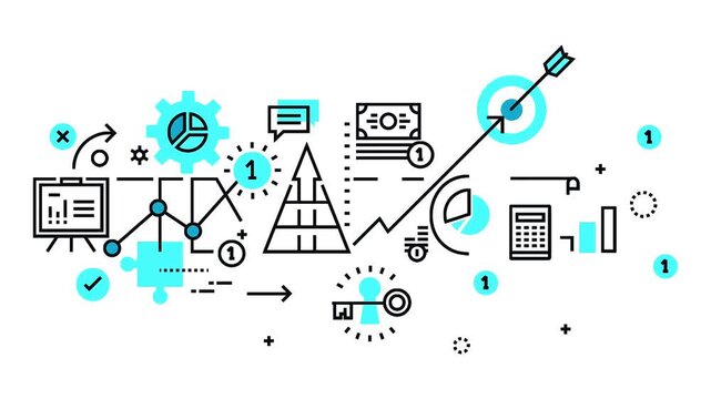 Finance strategy concept animation showing green typography text with business economic line icons on white background.