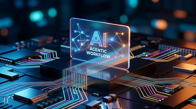 Agentic workflow AI concept on circuit board with glowing data streams