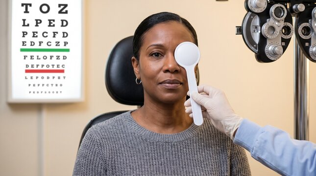 Ophthalmology. Eye doctor performing a visual acuity examination with an occluder paddle in a clinic, assessing vision using an eye chart and diagnostic equipment.
