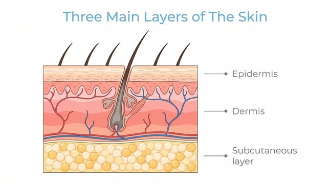 Dermatology. Educational infographic showing the three main layers of human skin with epidermis, dermis, subcutaneous tissue, hair follicles and anatomical structures.