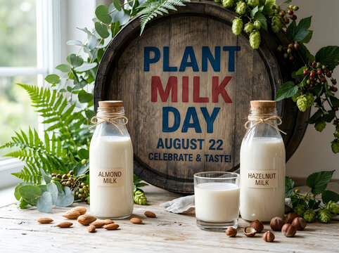 Plant milk day celebration almond and hazelnut milk with natural decorations