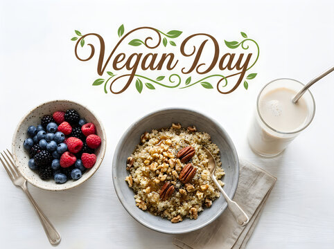 Vegan day healthy breakfast with oatmeal berries and non dairy milk