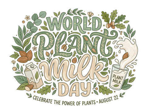 World plant milk day illustration with almonds and pouring glass