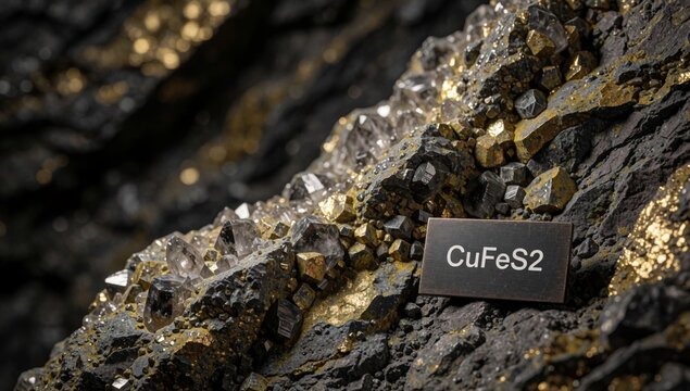Close-up cluster small irregularly shaped crystals rocky surface different sizes colors including black gold s