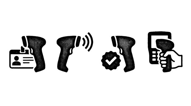 This image features vector halftone icons depicting barcode scanners, sound signals, and verification seals, vital in check-in and security processes.