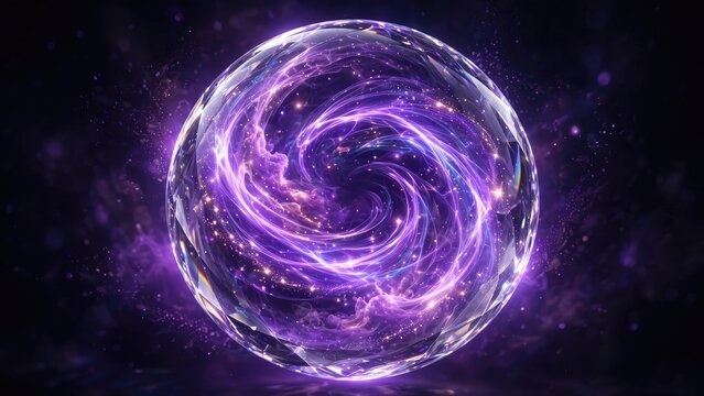 Abstract glowing purple energy swirling inside a transparent crystal sphere on dark background.