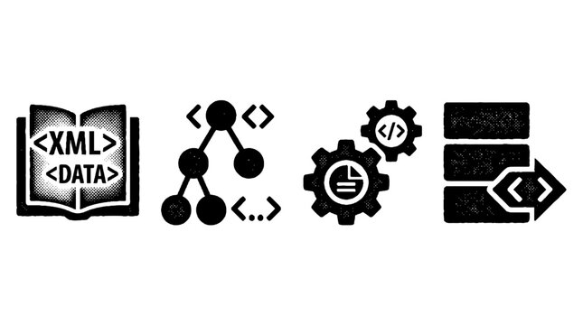 This image features halftone vector icons representing XML data structures and processes, ideal for tech and programming related visual applications.