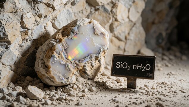 Small black sign text sio2 nh2o written placed rocky surface pebbles scattered center there large rock rainbow