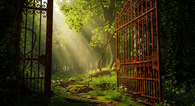 Open gate in overgrown garden. Nature reclaims abandoned space. Post-pandemic world returns to normal life.
