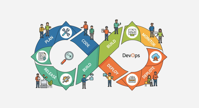 DevOps Infinity Loop Lifecycle Process Infographic with Team Members.
