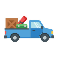 Fototapeta premium Blue truck with cardboard box and luggage in the back