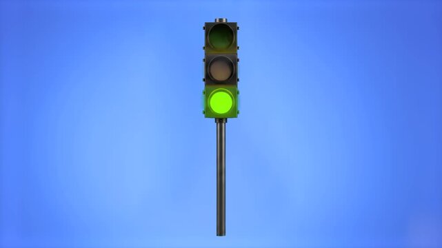 A classic vertical traffic signal post with the green light brightly illuminated, set against a solid blue studio backdrop. Great for driving school advertisements, road safety videos, business growth