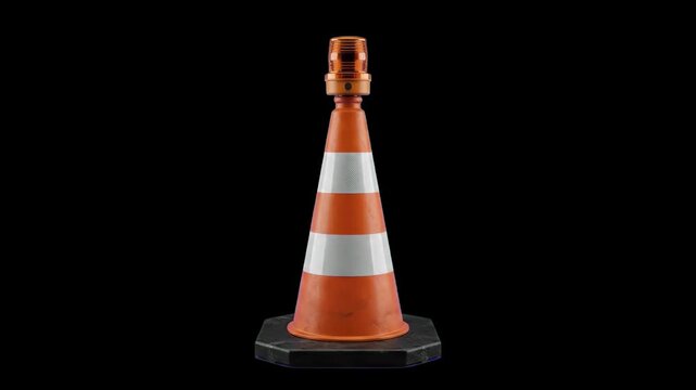 A detailed 3D orange and white reflective traffic cone with a top beacon light set against a solid black background.