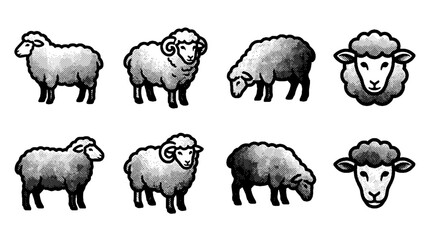 Obraz premium A collection of stylized halftone sheep illustrations, each presenting unique poses, ideal for farm-themed designs and agricultural contexts.