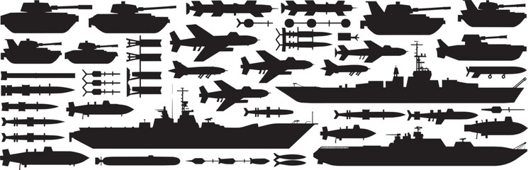 Set of military equipment silhouette vector collection featuring tanks missiles submarines fighter jets and warships for defense technology warfare graphic design isolated on white panel. © Somina