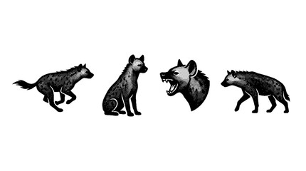 Fototapeta premium This image presents a striking halftone vector series of wolves and hyenas, emphasizing their unique characteristics and dynamic poses in a captivating artistic style.