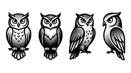 Fototapeta premium A charming collection of elegant halftone owl designs, masterfully showcasing the intricate details and soulful expressions of these nocturnal creatures.