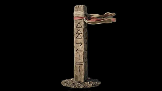 A weathered ancient stone obelisk or marker post engraved with mysterious tribal runic glyphs, featuring a tattered red fabric ribbon tied to the top waving in the wind, isolated against a solid black