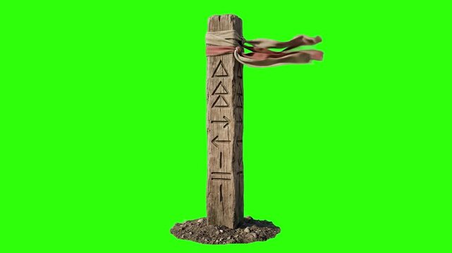 An ancient stone post carved with mysterious symbols and arrows, decorated with fluttering ribbons, isolated on a green screen.