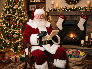Fototapeta premium Smiling Santa Claus reading a book in a festive living room