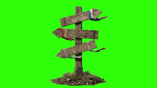 A rustic wooden signpost with three blank arrow signs and tied ribbons stands isolated against a green screen.