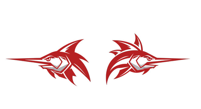 Red Swordfish Logo Design with Symmetrical Layout.