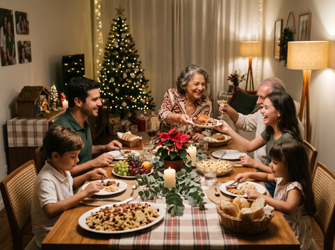 Family sharing smiles at a festive Christmas dinner table