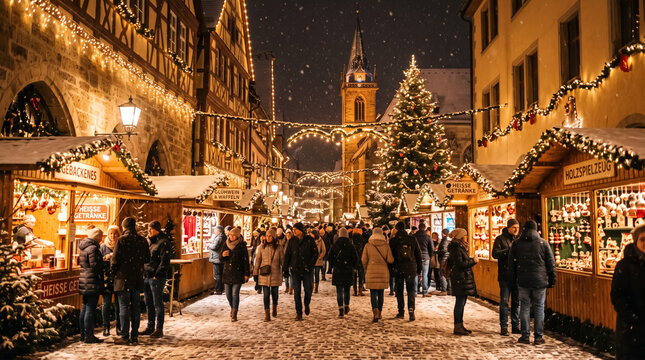 Glowing Christmas market stalls in snowy historic town