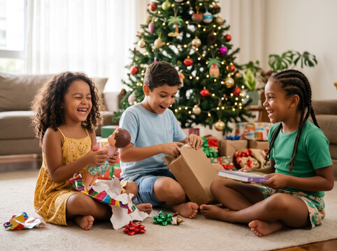 Four children unwrapping presents on Christmas morning