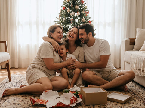 Happy family sharing a warm hug on Christmas