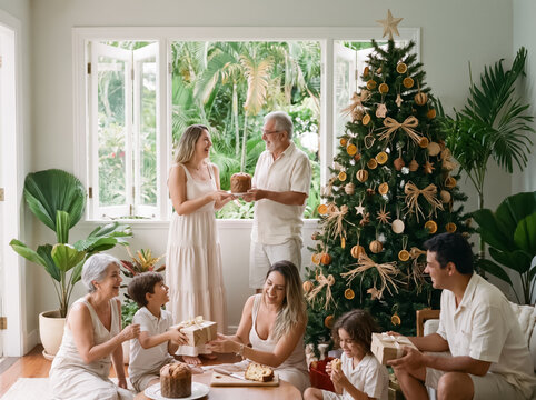 Joyful multi generation family sharing panettone at Christmas