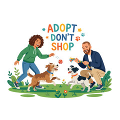 Fototapeta premium A happy couple playing with their adopted dogs outdoors, promoting the message 