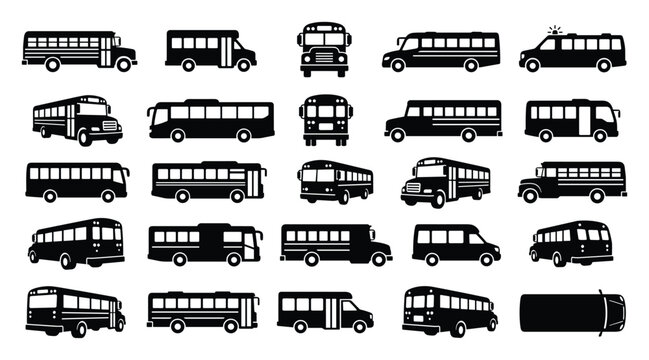 Bus and public transportation vector icon set featuring city buses, school buses, tourist coaches, double decker vehicles, minibuses, shuttle vans and passenger transit designs for travel branding.