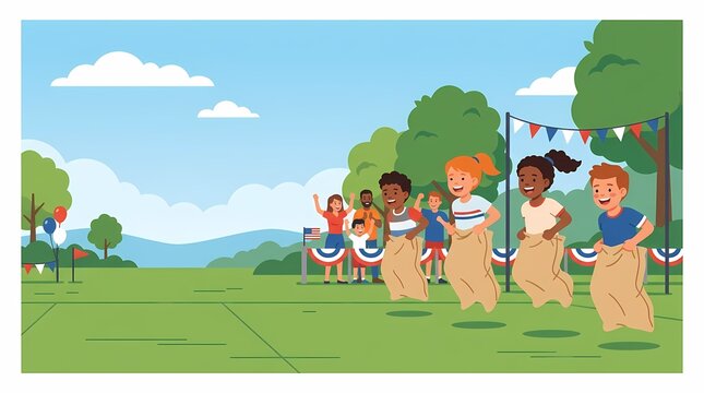 Group of diverse children participating in a sack race outdoors.