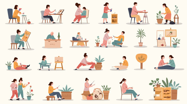 Collection of diverse illustrations showing people enjoying various hobbies and daily activities.