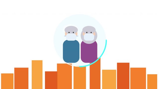 Elderly couple wearing medical face masks for virus protection, flu, air pollution, surrounded by infographic bar chart elements