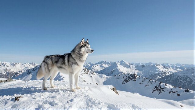 A majestic husky stands atop snowy peaks, gazing at distant mountain ranges under a clear blue sky.