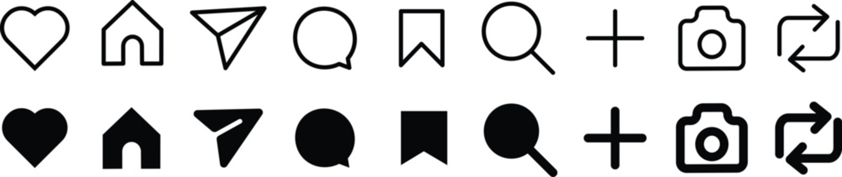New Instagram UI icon set, share, social media interface, flat vector illustration.