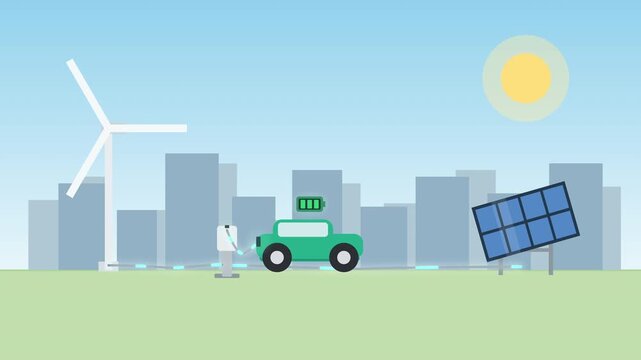 Electric car charging on city street with wind turbine solar panel and urban skyline, sustainable energy vector illustration