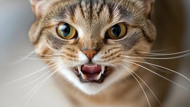 A close-up of a brown tabby cat hissing aggressively with its mouth wide open and fangs exposed.