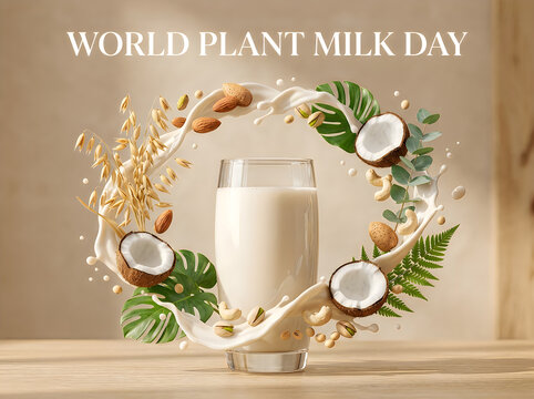 World plant milk day celebration with glass of milk and ingredients