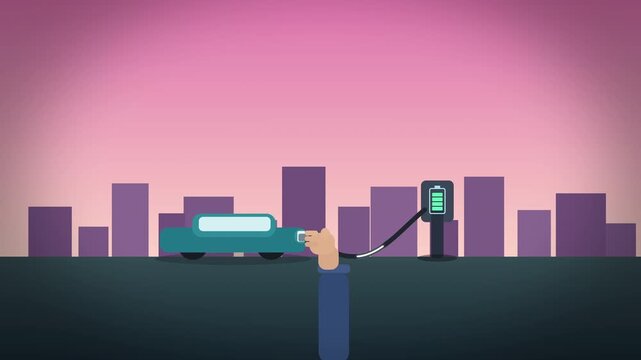 Man charging electric car on pink city skyline, electric vehicle charging plug, urban transport energy concept, clean future